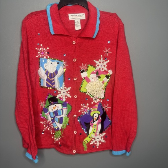 Tiara International Sweaters - Vintage Ugly Christmas Sweater Size XL Red Chunky Cardigan Snowman Santa Penguin